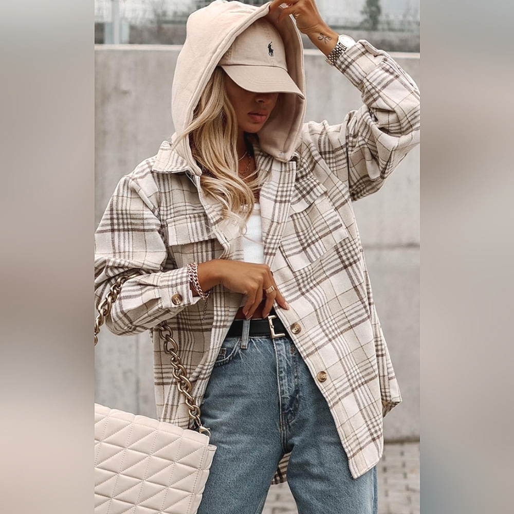 New Casual Plaid Button Down Hoodie Jacket Cream Tan Khaki White - Picture 3 of 6